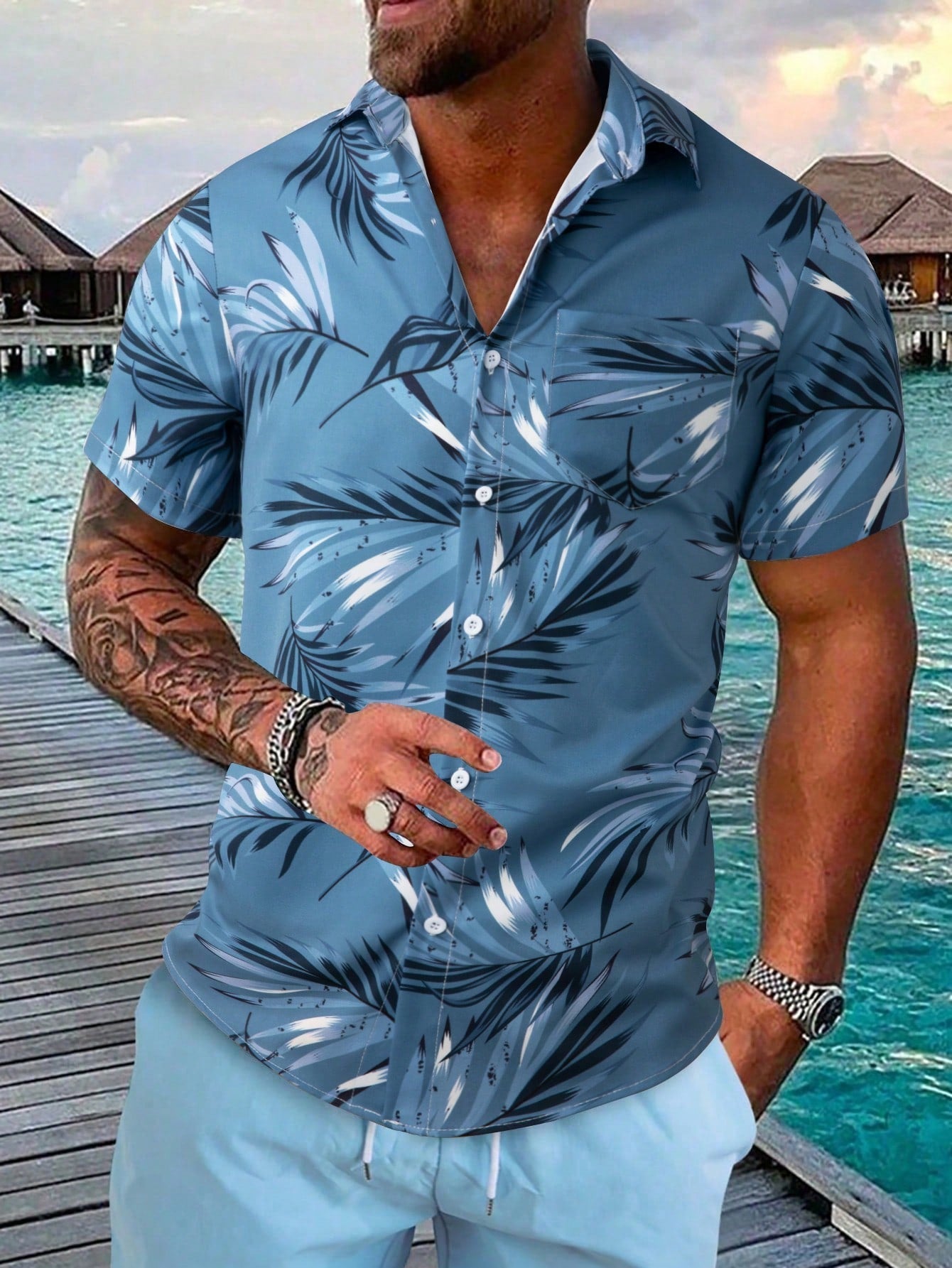 Manfinity RSRT Men Tropical Print One Pocket Front Shirt Without Tee