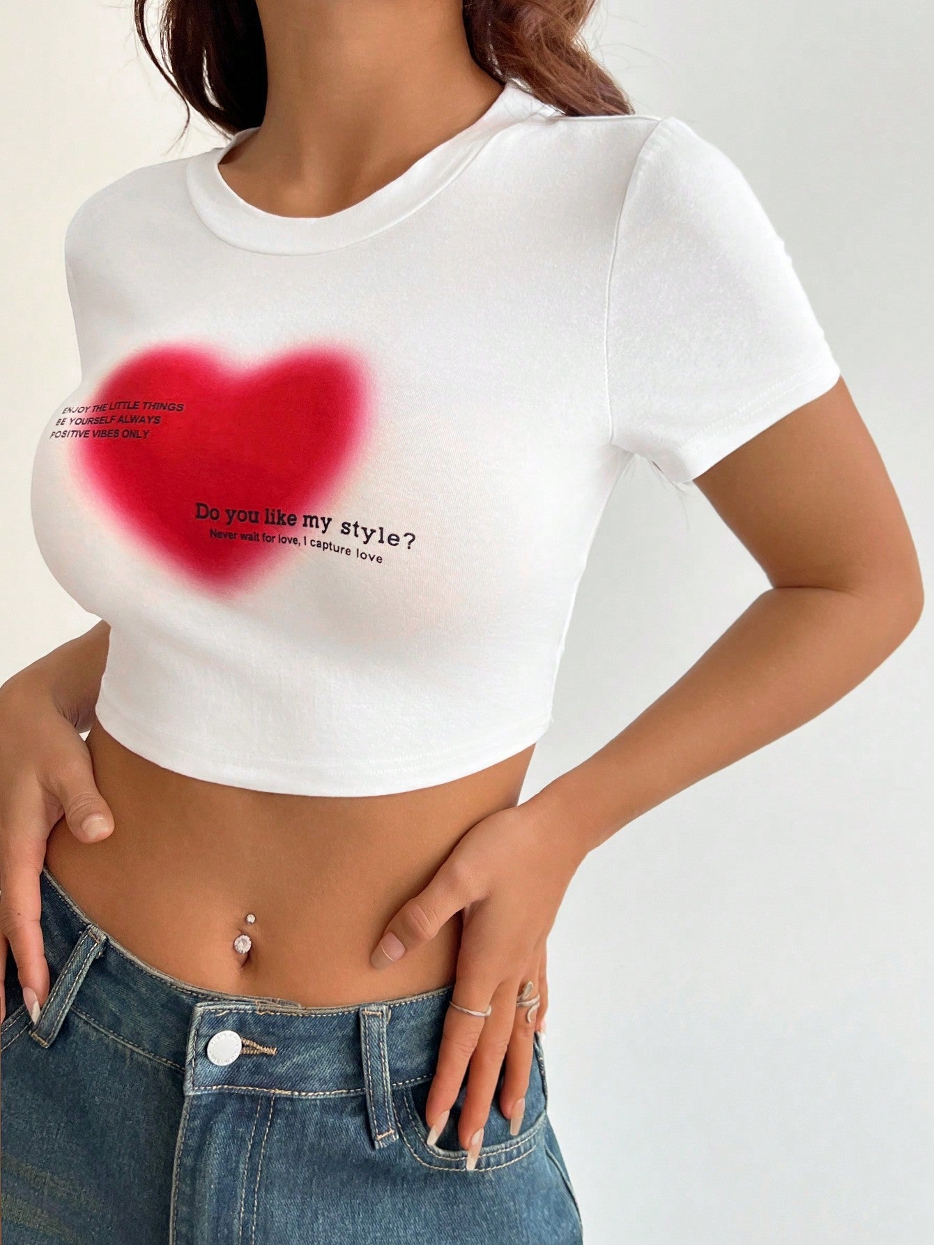 EZwear Women Valentine's Day Heart Slogan Print Crop Top T-Shirt