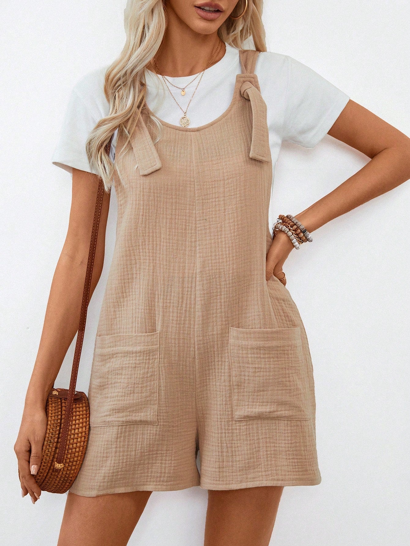 LUNE Knot Front Pocket Patched Overall Romper Without Tube Top