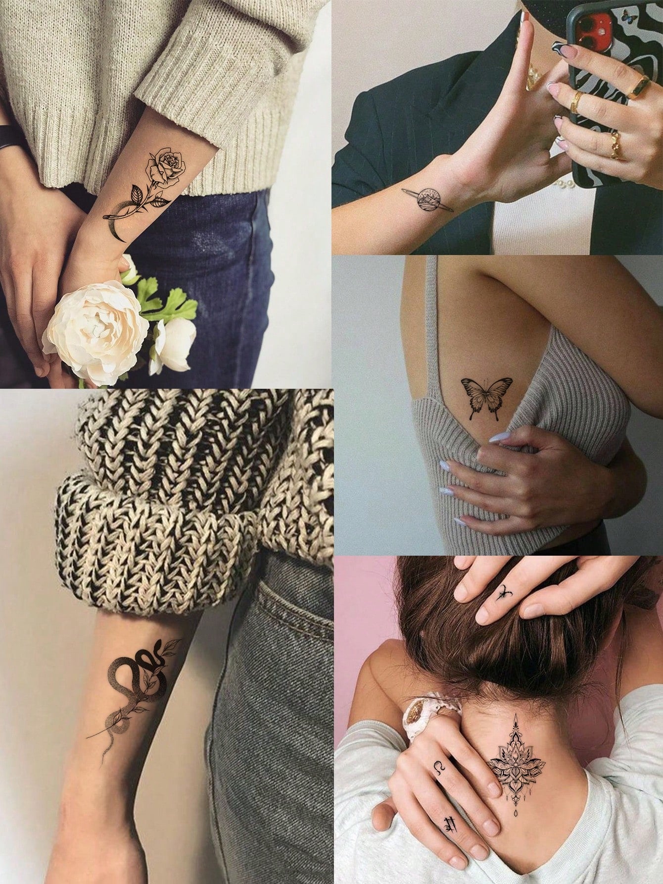 20pcs Creative Small Black Tattoos For Men And Women, Including Realistic Snake, Branch And Planet Temporary Waterproof Stickers For Arms, Face, Fingers And Neck