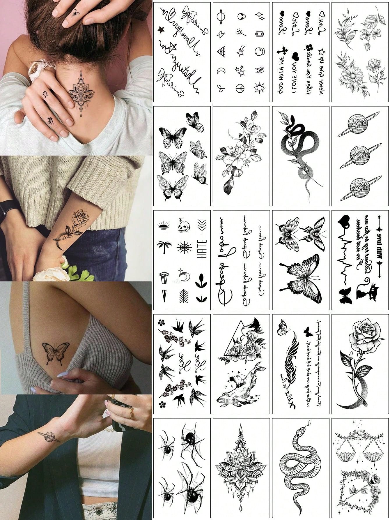 20pcs Creative Small Black Tattoos For Men And Women, Including Realistic Snake, Branch And Planet Temporary Waterproof Stickers For Arms, Face, Fingers And Neck