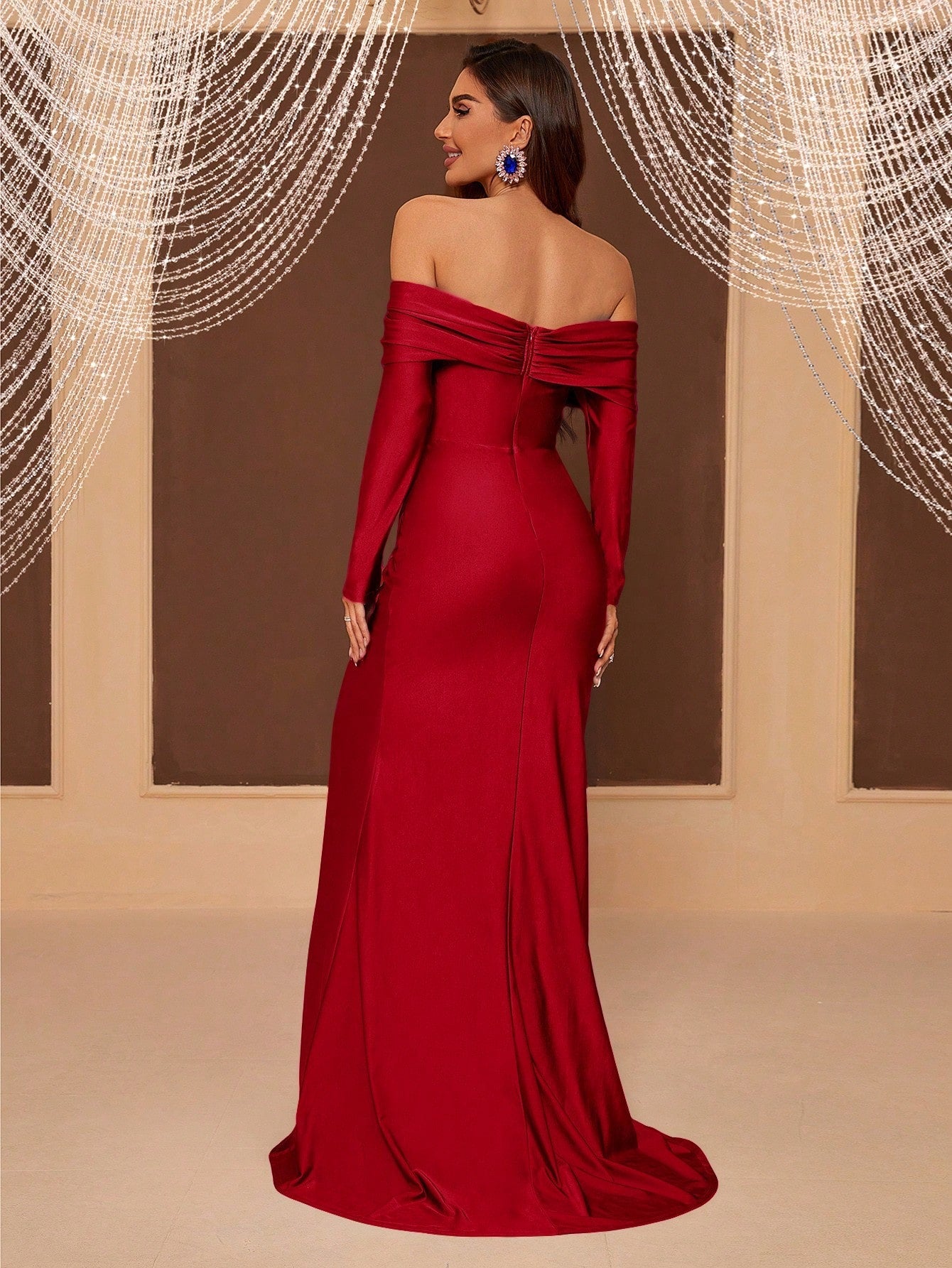 Belle Ladies' Formal Evening Dress With Shaped Bust, High Slit, Off Shoulder, Sexy Train