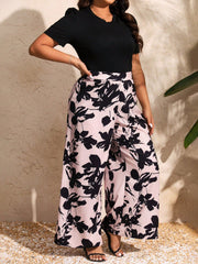 LUNE Plus Size Monochrome Top & Wide Leg Plant Print Pants Two Piece Set