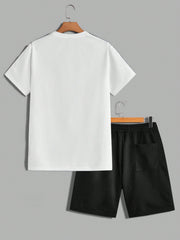 Manfinity Sporsity Men'S Letter Pattern Short Sleeve T-Shirt And Drawstring Waist Shorts 2pcs/Set