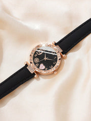 2pcs Casual Black Ladies Quartz Wristwatch With Pu Leather Strap And Alloy Heart Shaped Bracelet