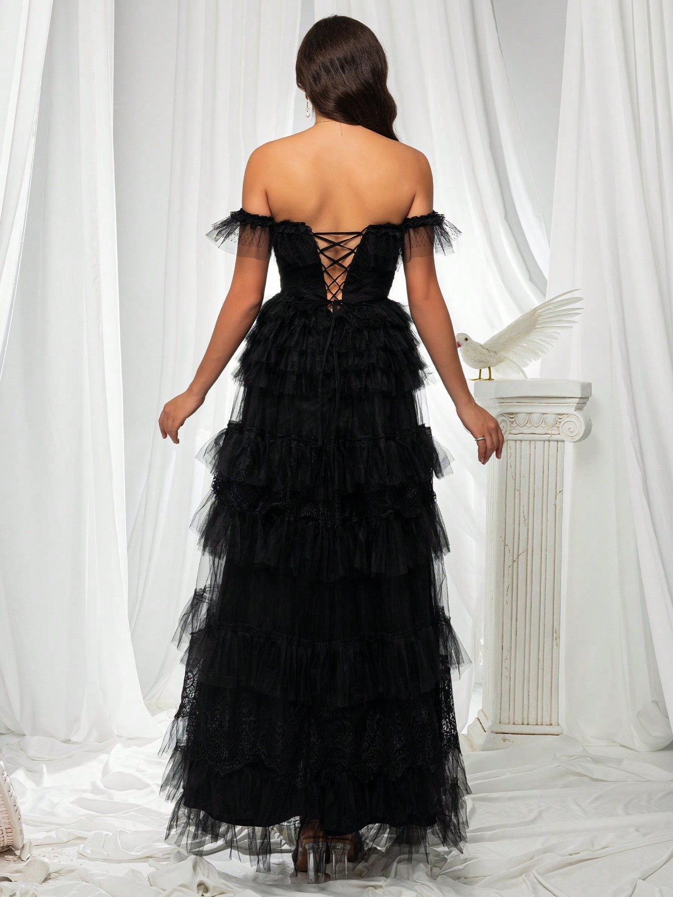 Women'S Black Cold-Shoulder Multi-Layered Tulle Evening Dress