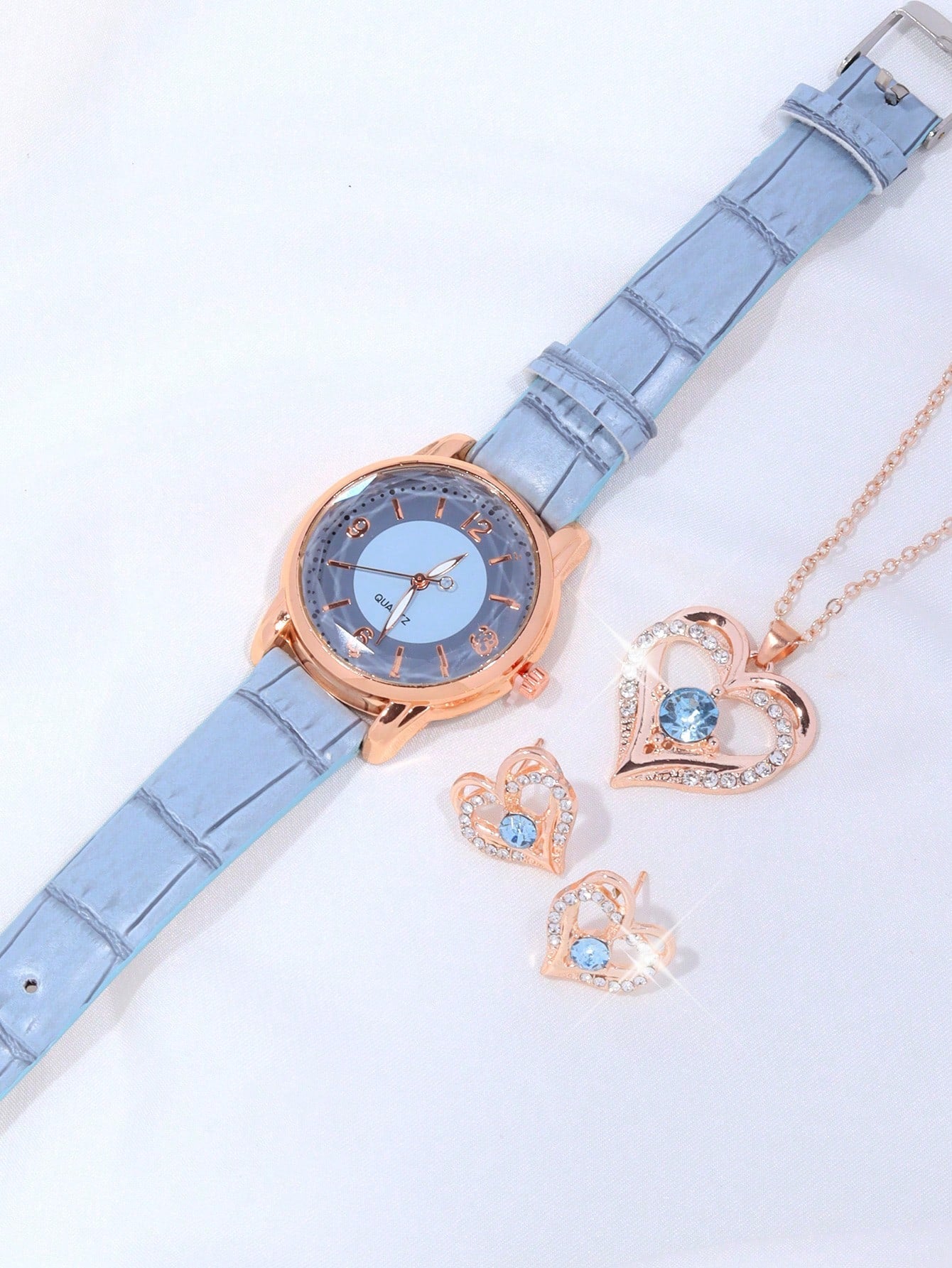 4pcs/Set Fashionable Multifunctional Ladies' Quartz Watches With Heart & Rhinestone Necklace And Earrings Set