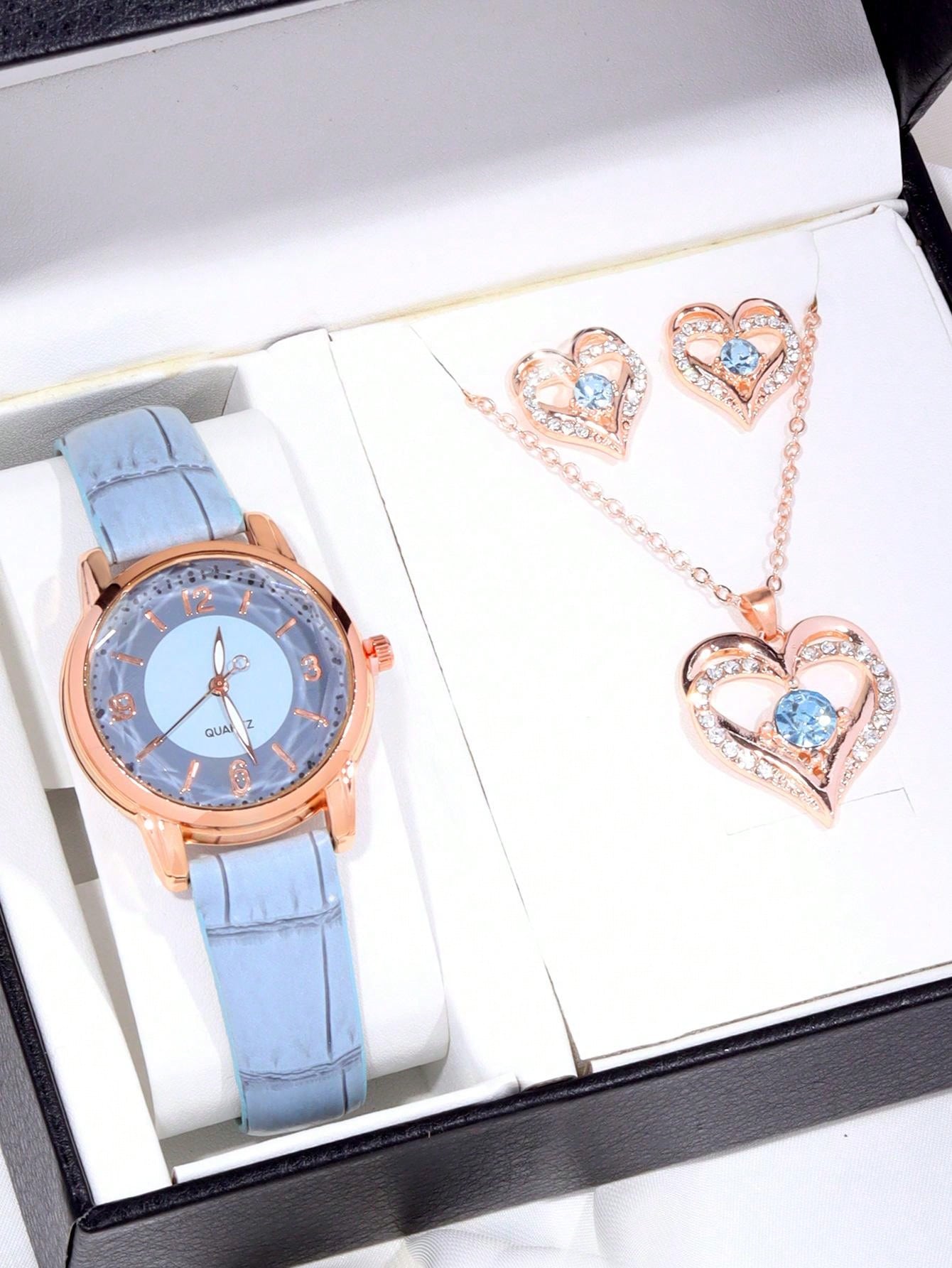 4pcs/Set Fashionable Multifunctional Ladies' Quartz Watches With Heart & Rhinestone Necklace And Earrings Set