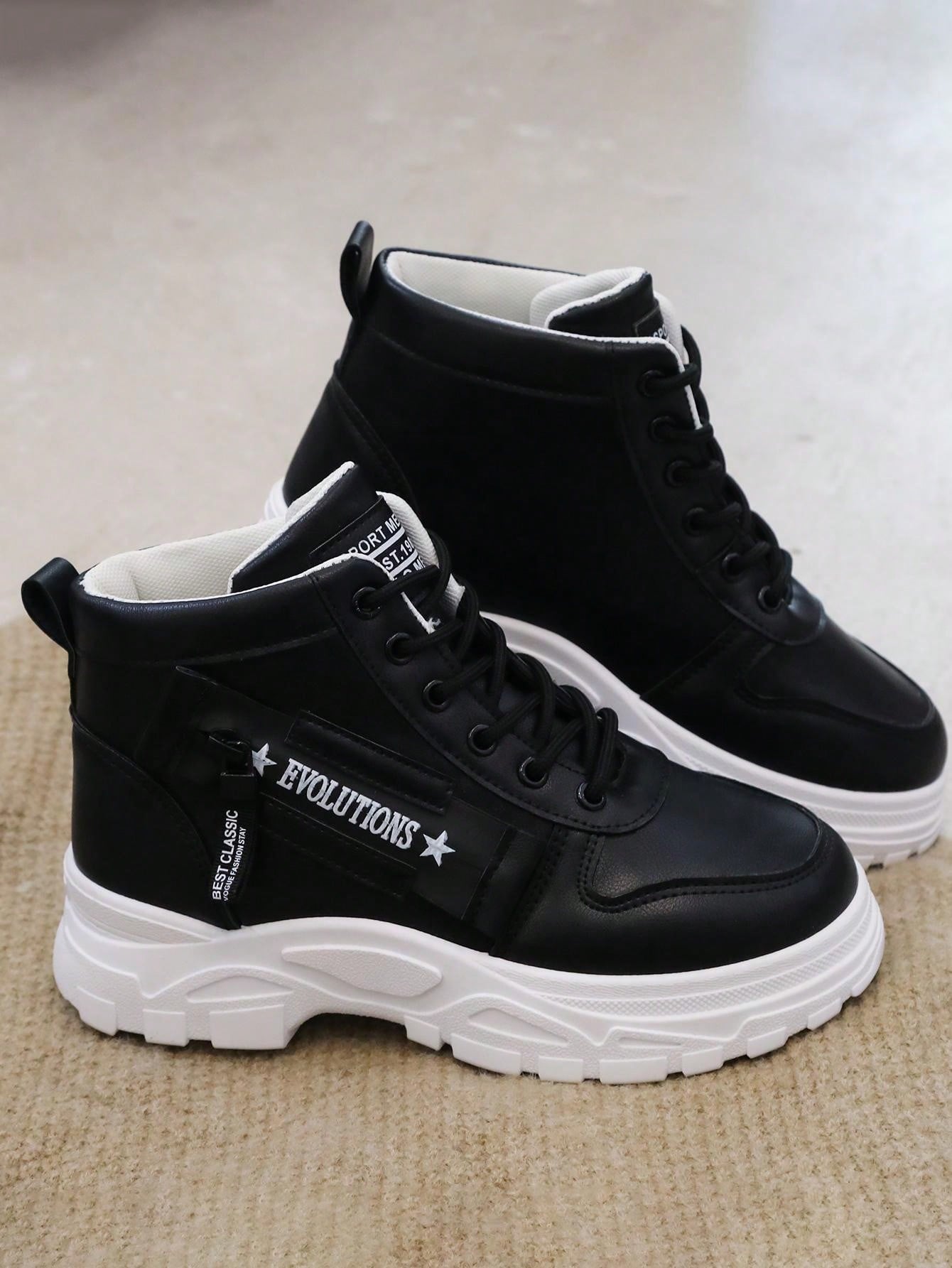 Women's High Top Lace-Up Black Sneakers With Casual Style For All Seasons