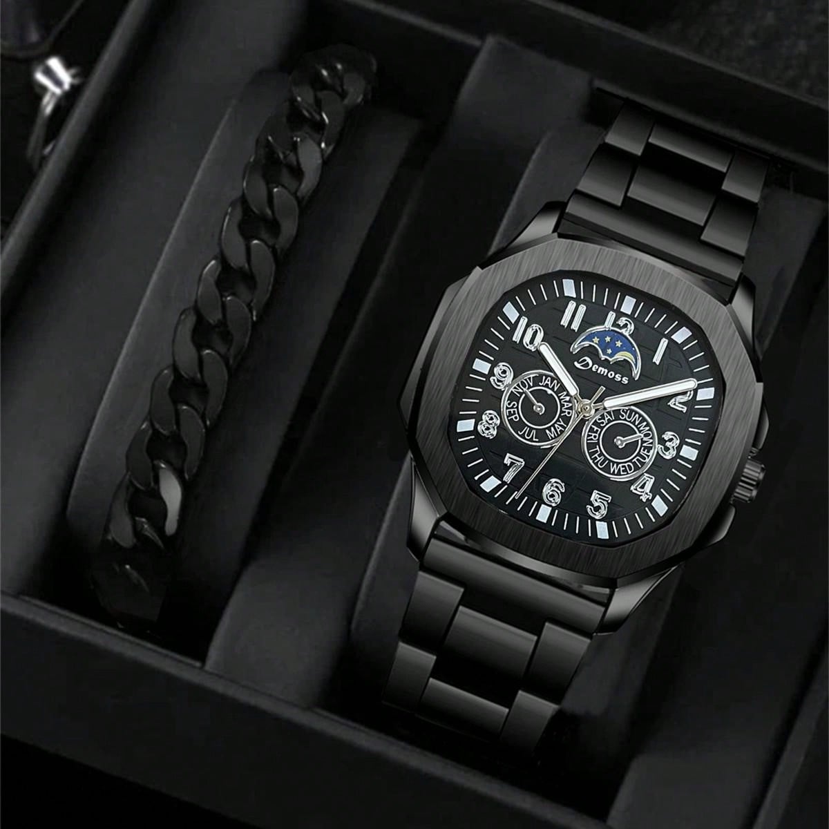 Men'S Classic Digital Square Shape Casual 2pcs/Set Watch Set