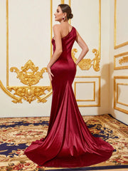 One Shoulder Cut Out Front Mermaid Satin Formal Dress