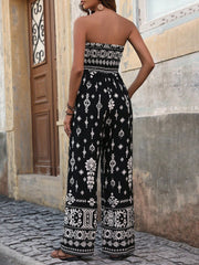 VCAY Shirred Geometric Print Strapless Jumpsuit