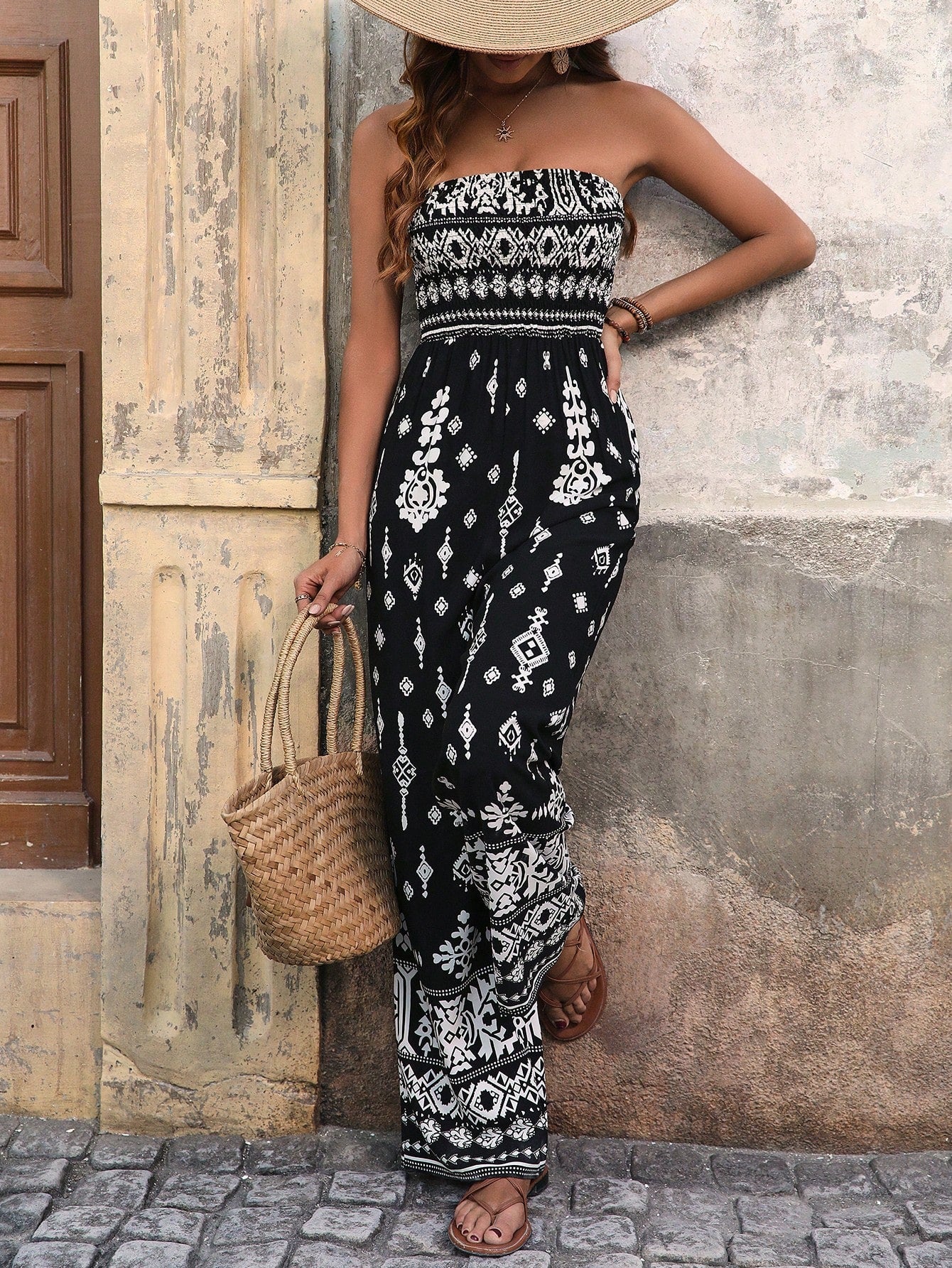 VCAY Shirred Geometric Print Strapless Jumpsuit