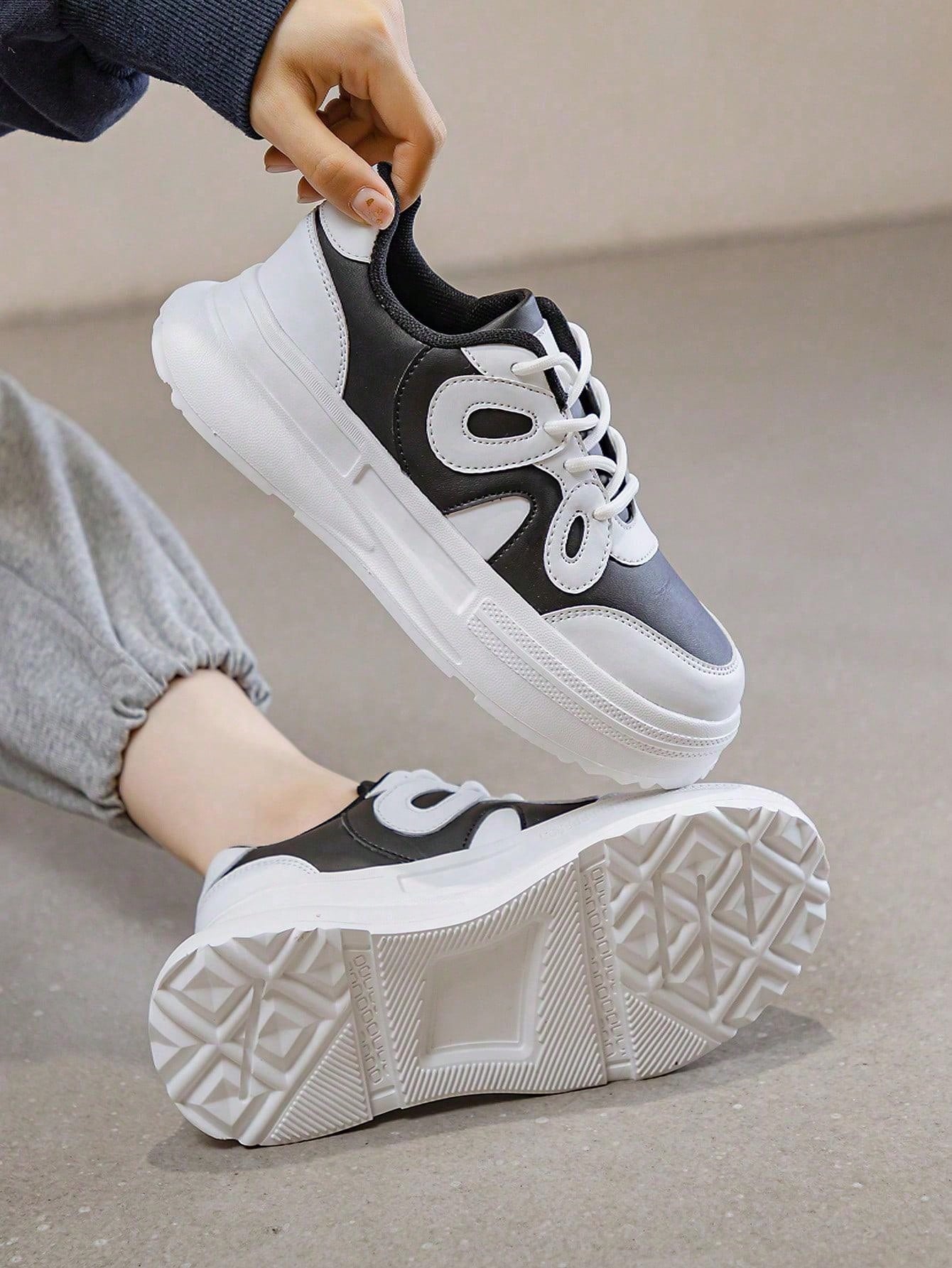 Women's Shoes Ladies' Breathable And Non-Slip Casual Low-Top Outdoor Sports Shoes, With Lace-Up Design, Ideal For College And Casual Style, Suitable For Running And Walking, Made Of Black-White Pu Leather, Suitable For Winter, With Low Heels