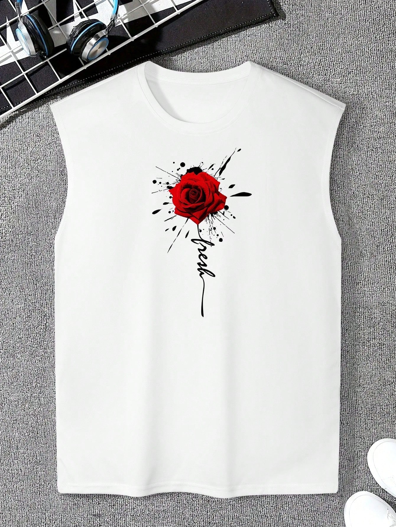 Men's Rose Printed Round Neck Vest