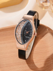 5pcs/Set Women's Pu Leather Strap Quartz Watch, Geometric Case With Glitter Sand & Rhinestone Decoration, Fashionable Shiny Big Rhinestone Jewelry Set