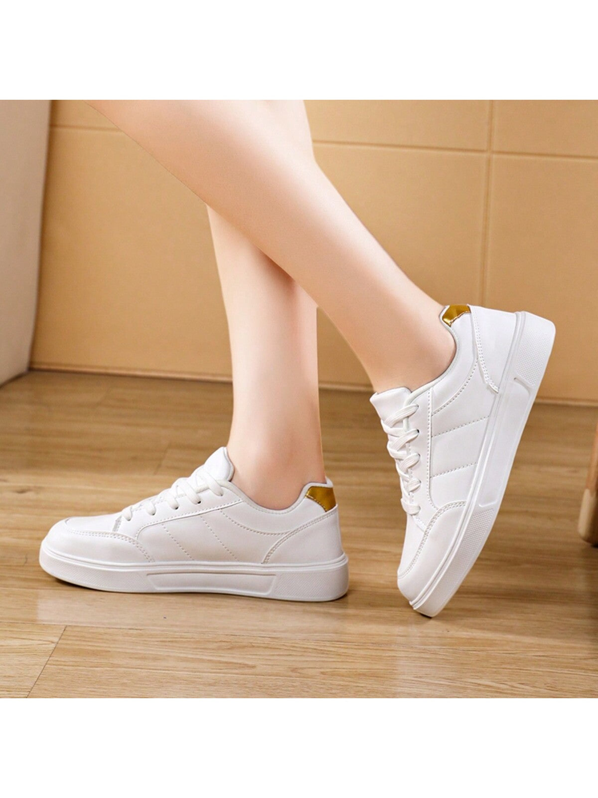 Women's White Leather Flat Casual Shoes, Fashionable, Durable, Comfortable Sneakers For Students