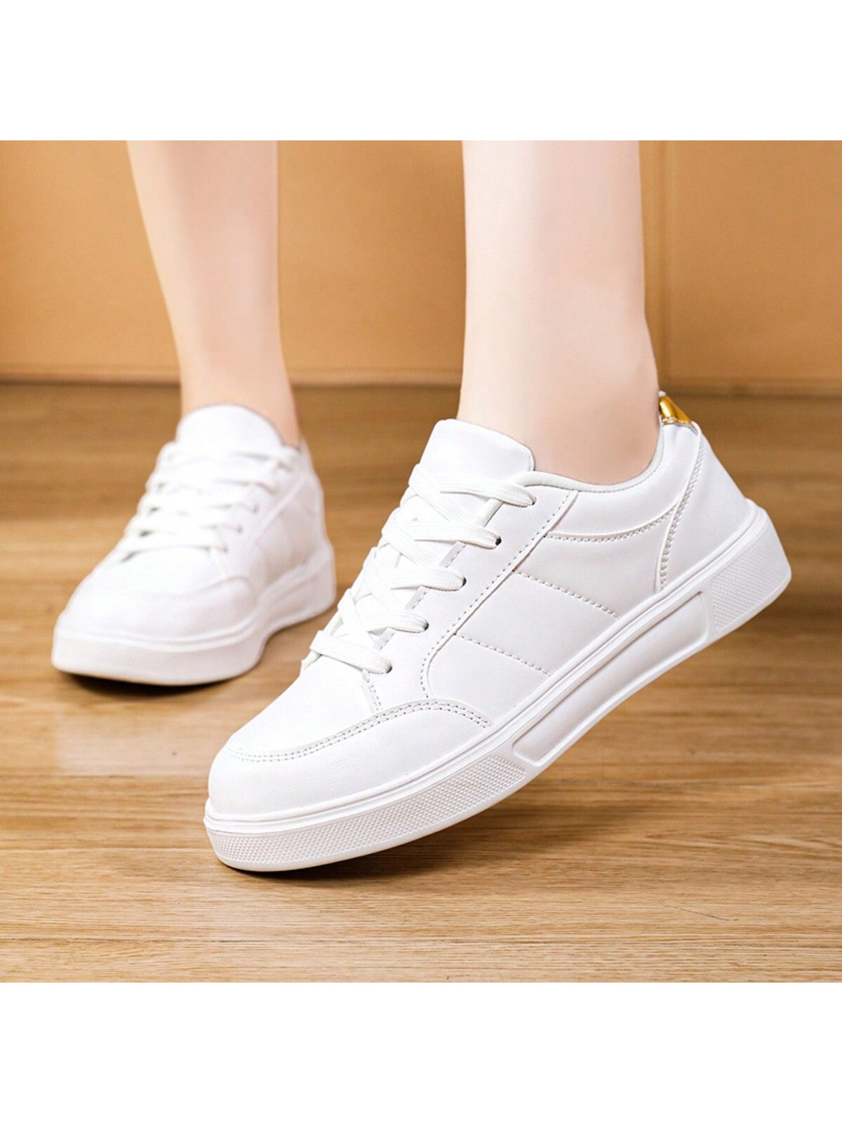 Women's White Leather Flat Casual Shoes, Fashionable, Durable, Comfortable Sneakers For Students