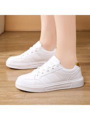 Women's White Leather Flat Casual Shoes, Fashionable, Durable, Comfortable Sneakers For Students