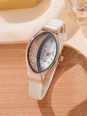 5pcs/Set Ladies' Pu Leather Strap Quartz Watch With Irregular Shaped Sand & Rhinestone Decoration, Fashionable And Gorgeous Jewelry Set