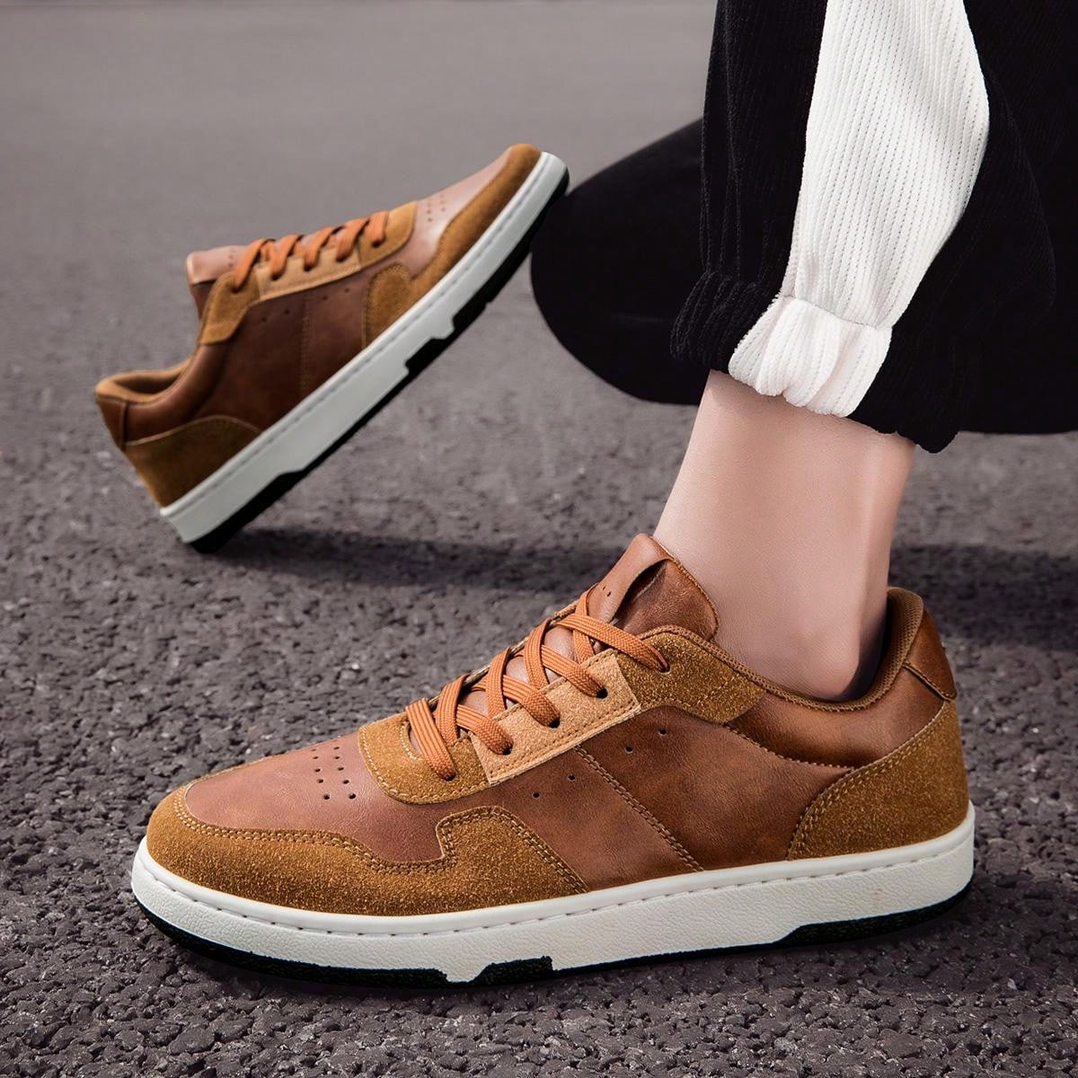 Men's Classic Lace-Up Casual Sports Shoes, Pu Leather Breathable Shoes With Car Stitching, Multi-Season