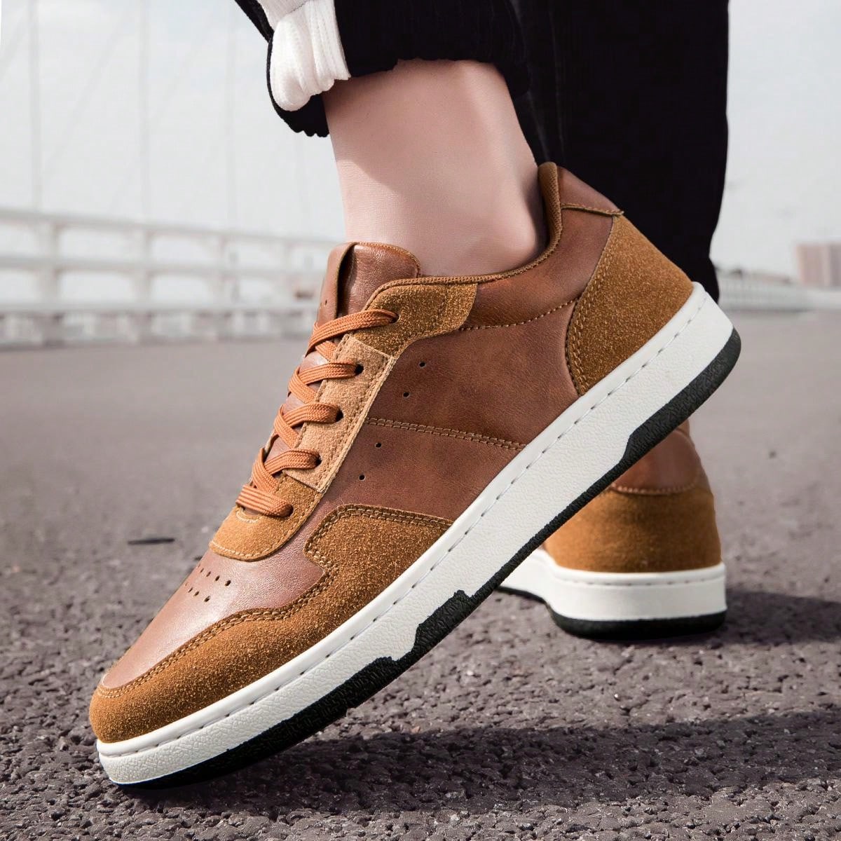 Men's Classic Lace-Up Casual Sports Shoes, Pu Leather Breathable Shoes With Car Stitching, Multi-Season