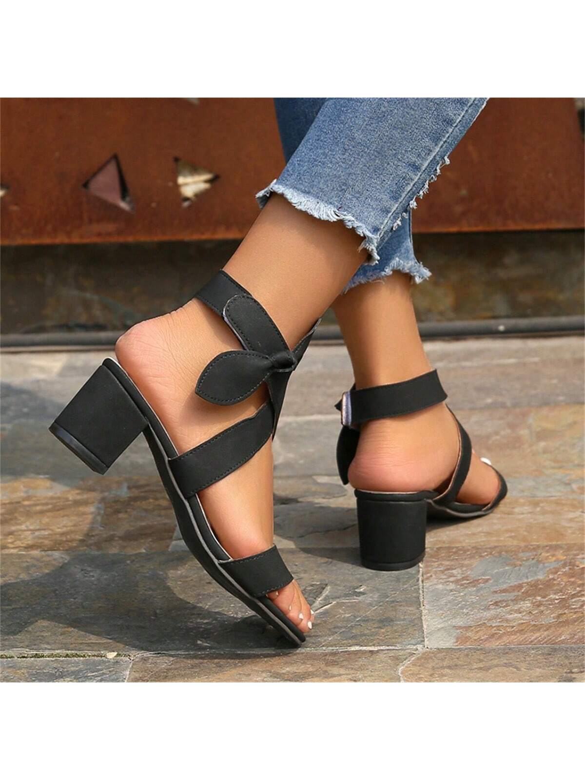 Women's Butterfly Knot Cross Strap High Heel Sandals, Street Style, Summer, Open Toe Chunky Heel Sandals