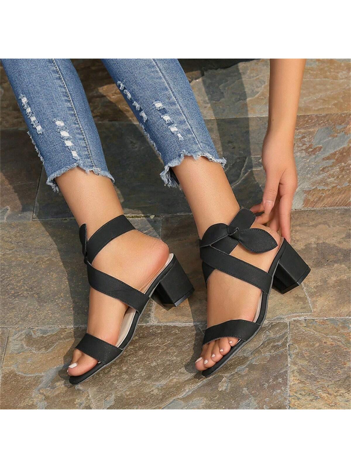 Women's Butterfly Knot Cross Strap High Heel Sandals, Street Style, Summer, Open Toe Chunky Heel Sandals