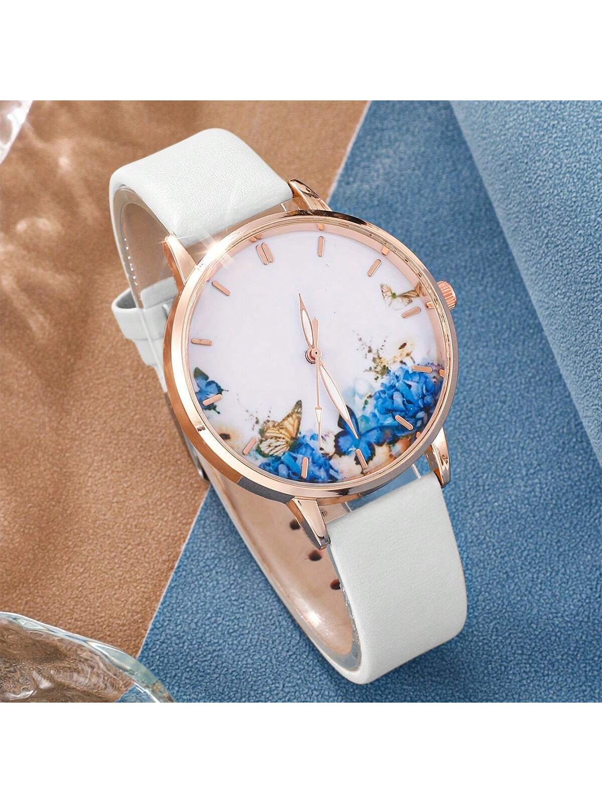 5pcs/Set Fashionable Butterfly Element Women's Quartz Watch With Pu Leather Strap, Butterfly Decorated Bracelet & Necklace Set, Butterfly Shaped Rhinestone Decor Pendant Necklace