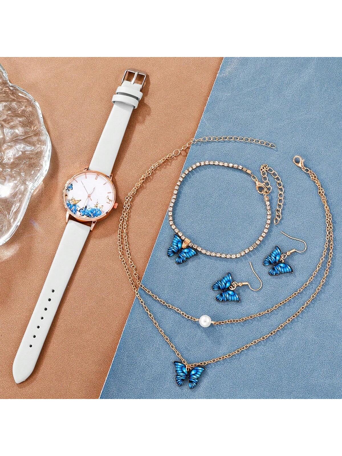 5pcs/Set Fashionable Butterfly Element Women's Quartz Watch With Pu Leather Strap, Butterfly Decorated Bracelet & Necklace Set, Butterfly Shaped Rhinestone Decor Pendant Necklace