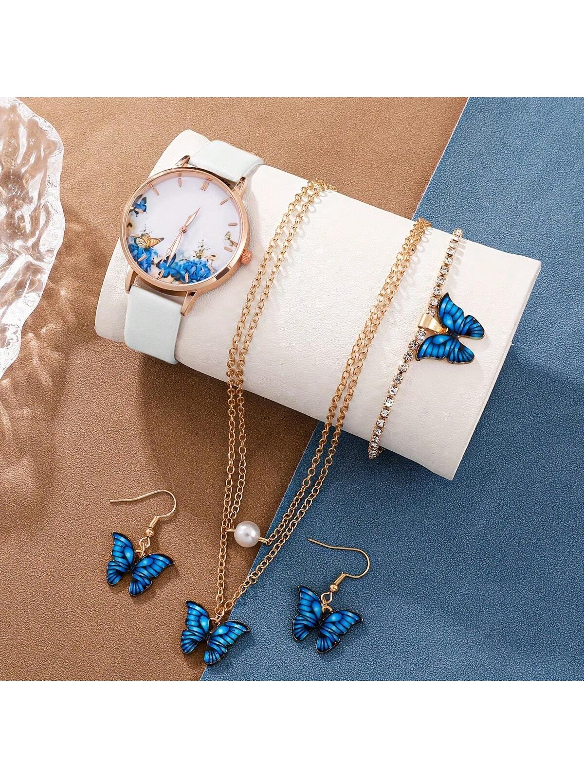 5pcs/Set Fashionable Butterfly Element Women's Quartz Watch With Pu Leather Strap, Butterfly Decorated Bracelet & Necklace Set, Butterfly Shaped Rhinestone Decor Pendant Necklace