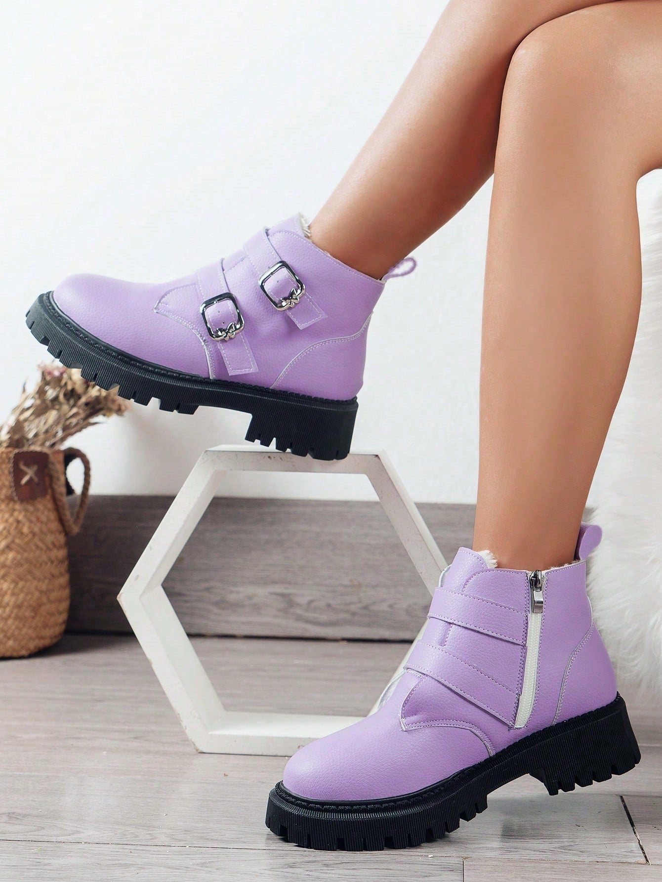 ROMWE Kawaii New Women'S Purple Boots With Thickened Lining And Sole, Mid-Calf/Ankle-Length For Winter