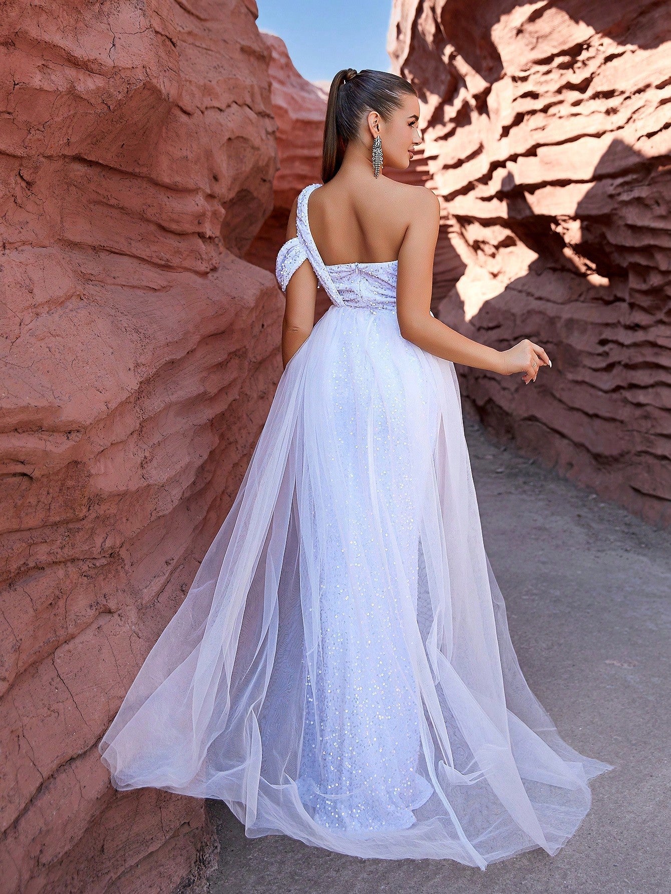 LOVE&LEMONADE White Sequined Wedding Dress With Slit And Streamer Detail