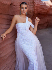 LOVE&LEMONADE White Sequined Wedding Dress With Slit And Streamer Detail