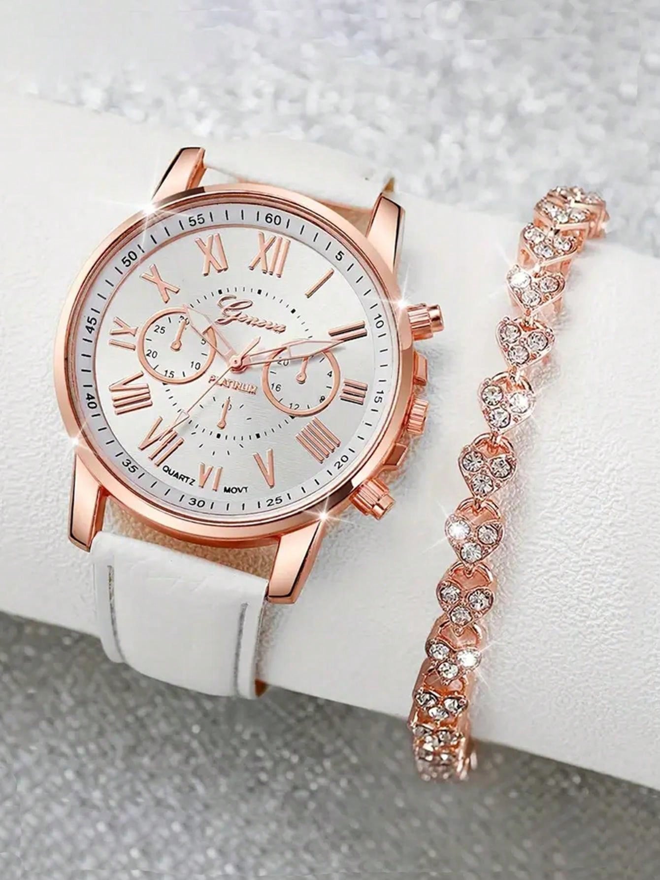 2pcs/Set Ladies' Casual Round Pointer Quartz Watch Simulation Pu Leather Watch & Bracelet, Great Gift For Mom