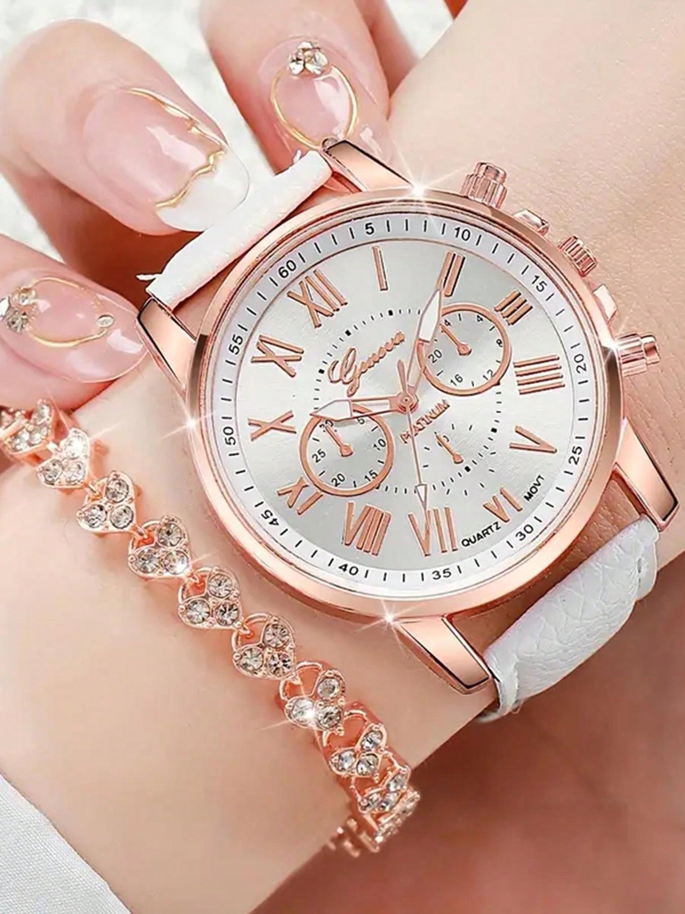 2pcs/Set Ladies' Casual Round Pointer Quartz Watch Simulation Pu Leather Watch & Bracelet, Great Gift For Mom