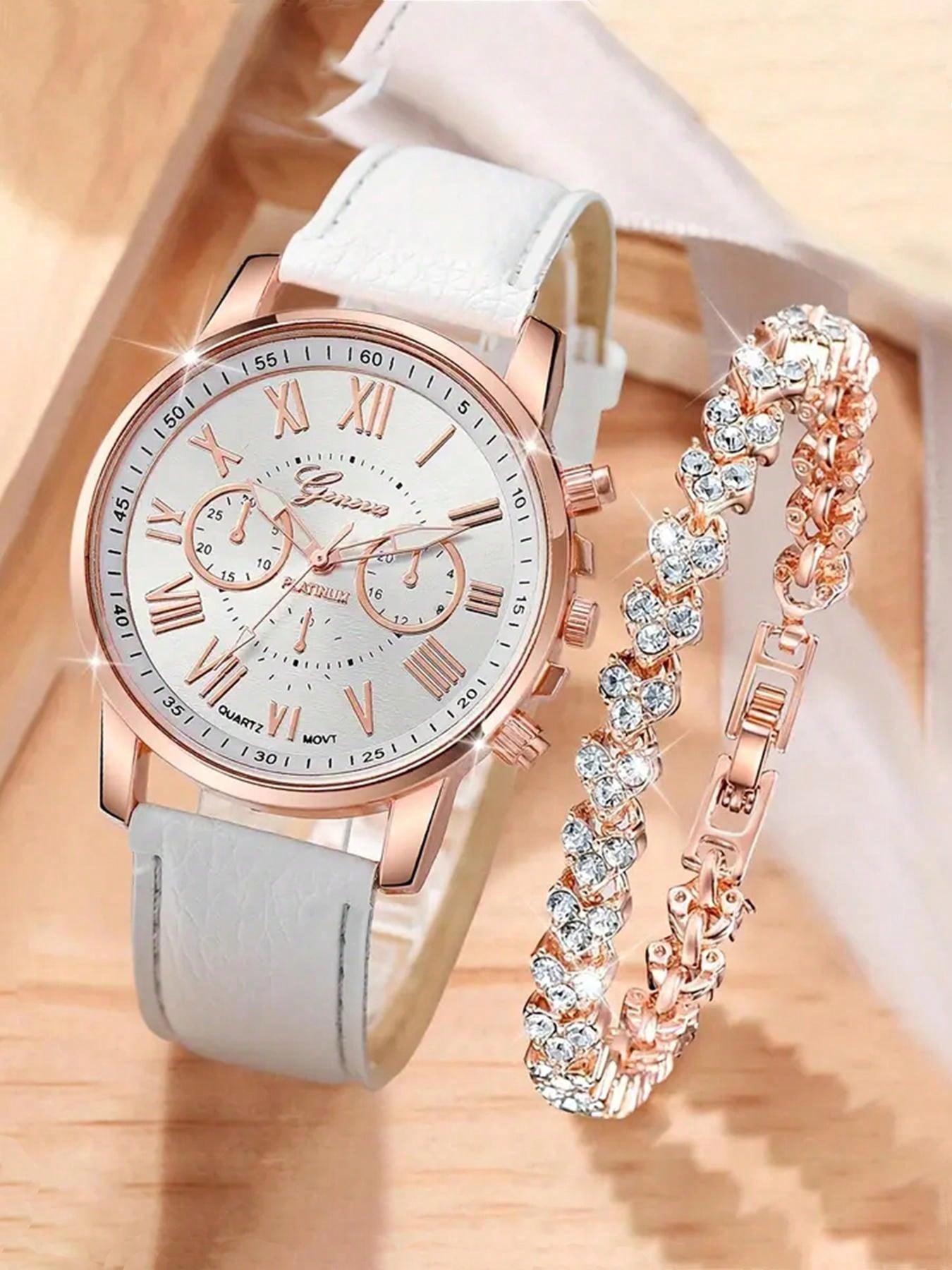 2pcs/Set Ladies' Casual Round Pointer Quartz Watch Simulation Pu Leather Watch & Bracelet, Great Gift For Mom