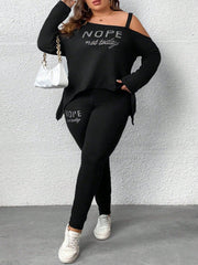 CURVE+ Plus Size Women's Irregular Shoulder Letter Printed Top And Leggings Set