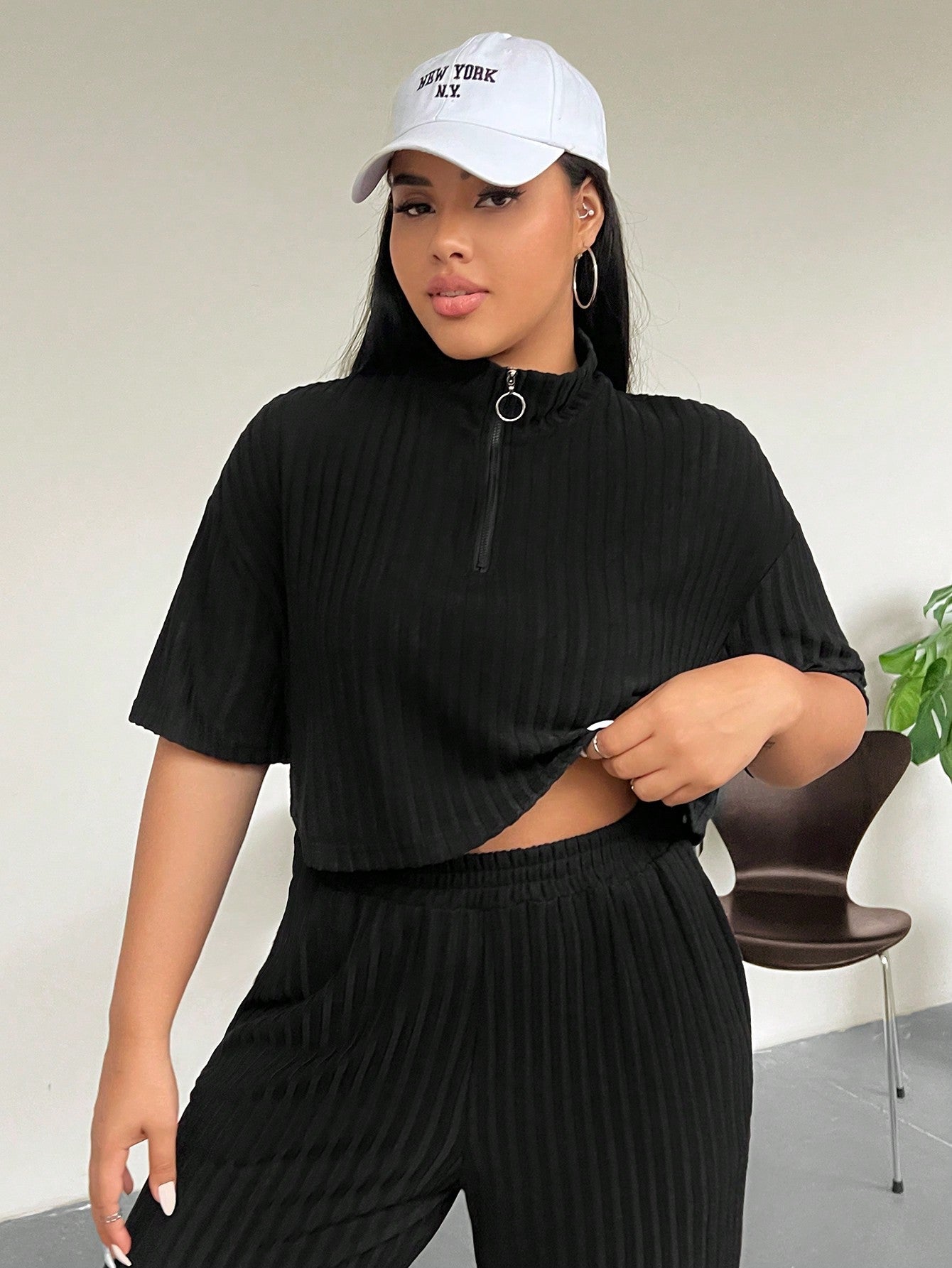 EZwear Plus Size Solid Color Fleece Casual Ribbed Two-Piece Set