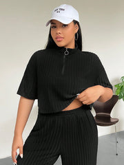 EZwear Plus Size Solid Color Fleece Casual Ribbed Two-Piece Set