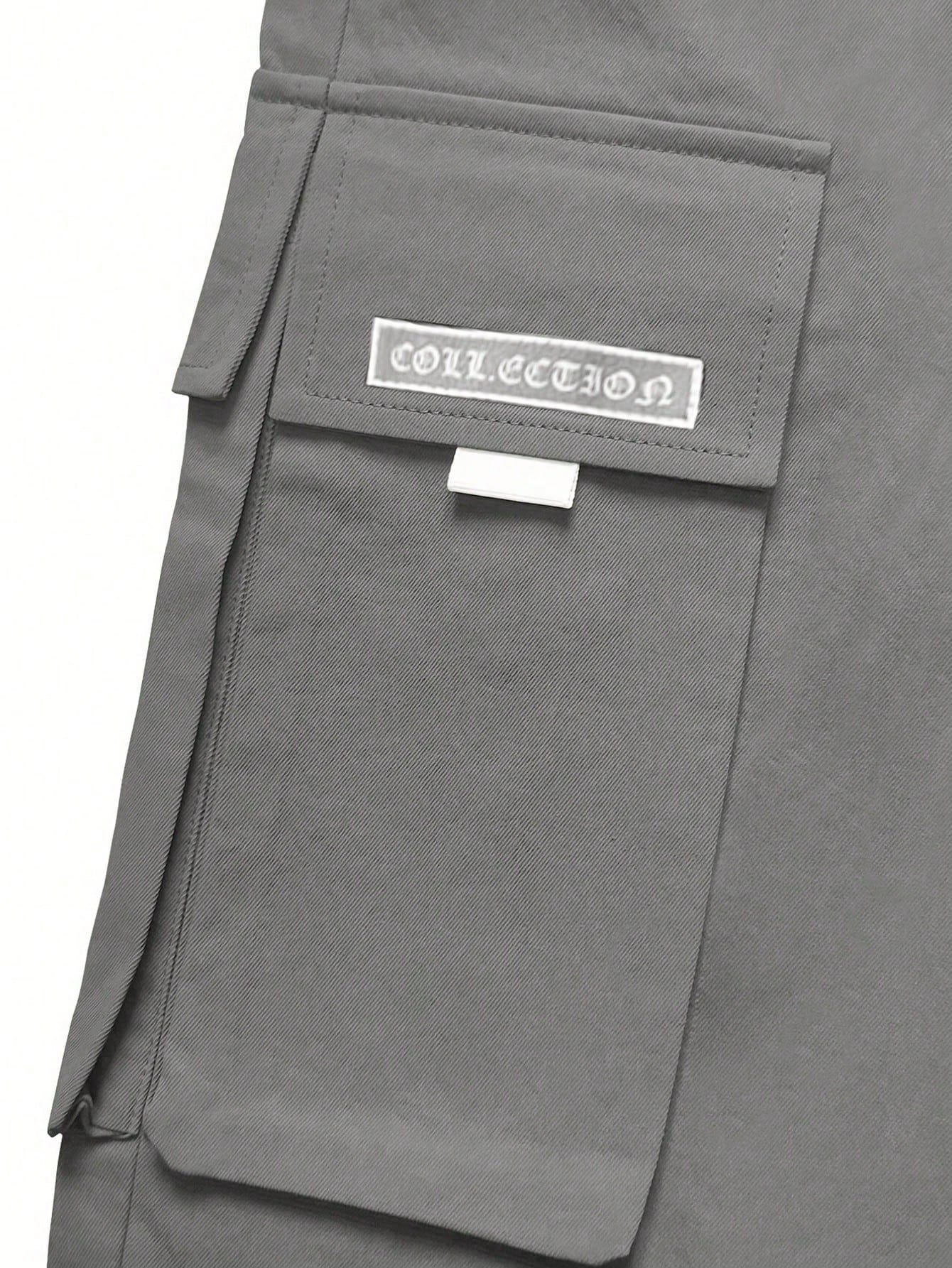 Men Letter Graphic Flap Pocket Drawstring Waist Cargo Pants