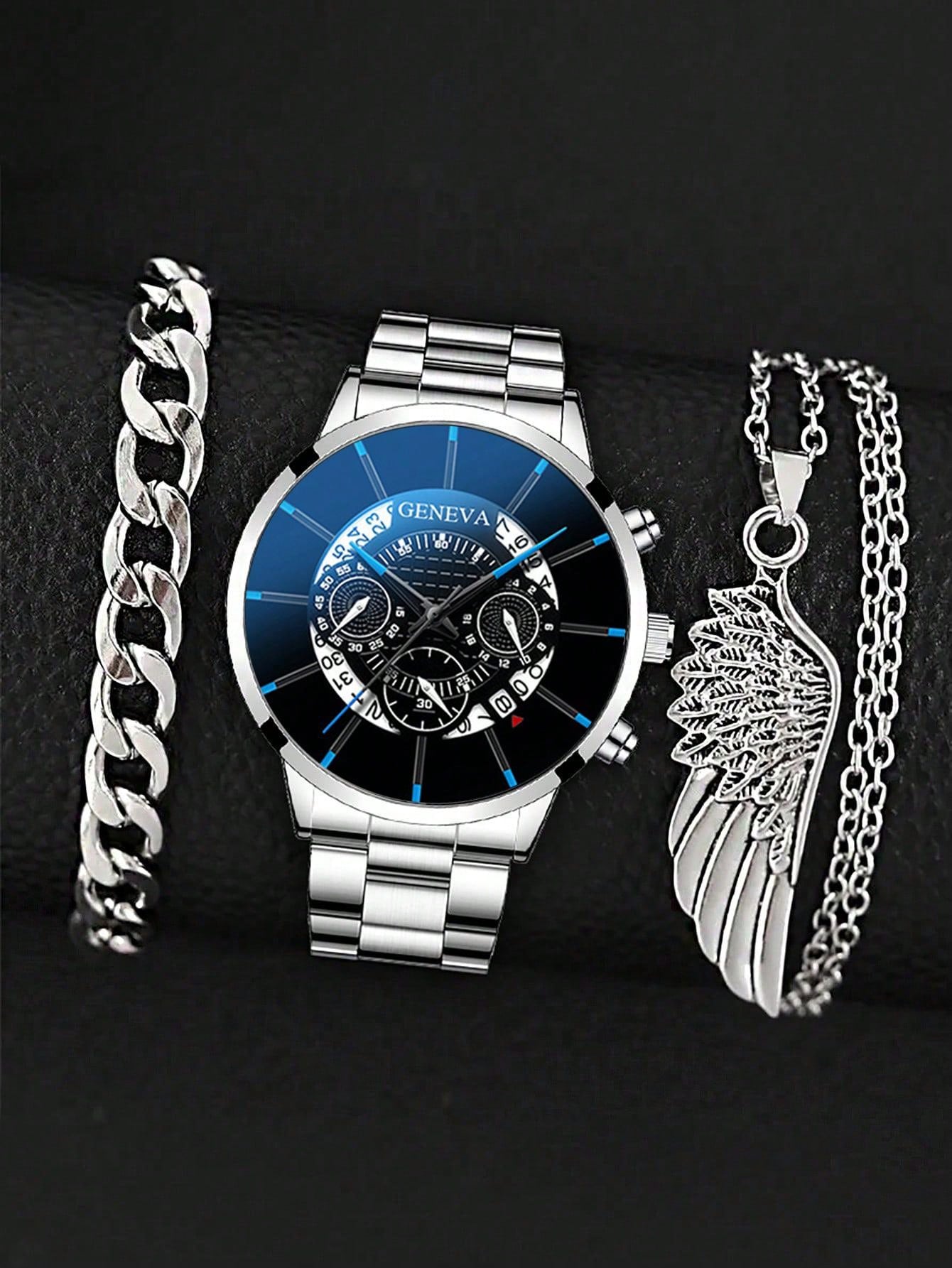 1pc Fashionable Men's Quartz Calendar Watch, 1pc Men's Stainless Steel Business Watch, 1pc Men's Wing Pendant Necklace, 1pc Men's Bracelet