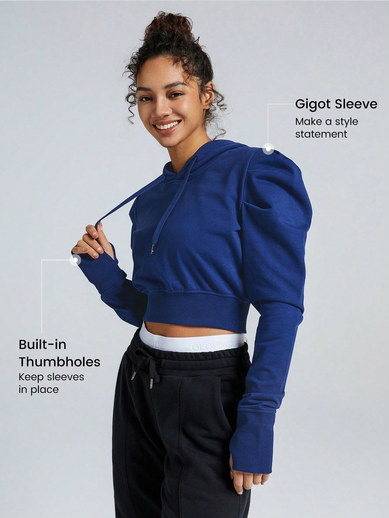 GLOWMODE Leg-Of-Mutton Sleeve Thumbholes Crop Sports Hoodie