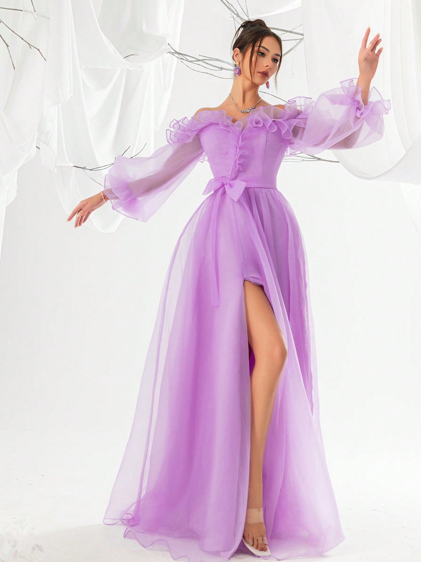 Purple Off-Shoulder Sheer Mesh Lantern Sleeve Women's Evening Party Dress