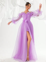 Purple Off-Shoulder Sheer Mesh Lantern Sleeve Women's Evening Party Dress