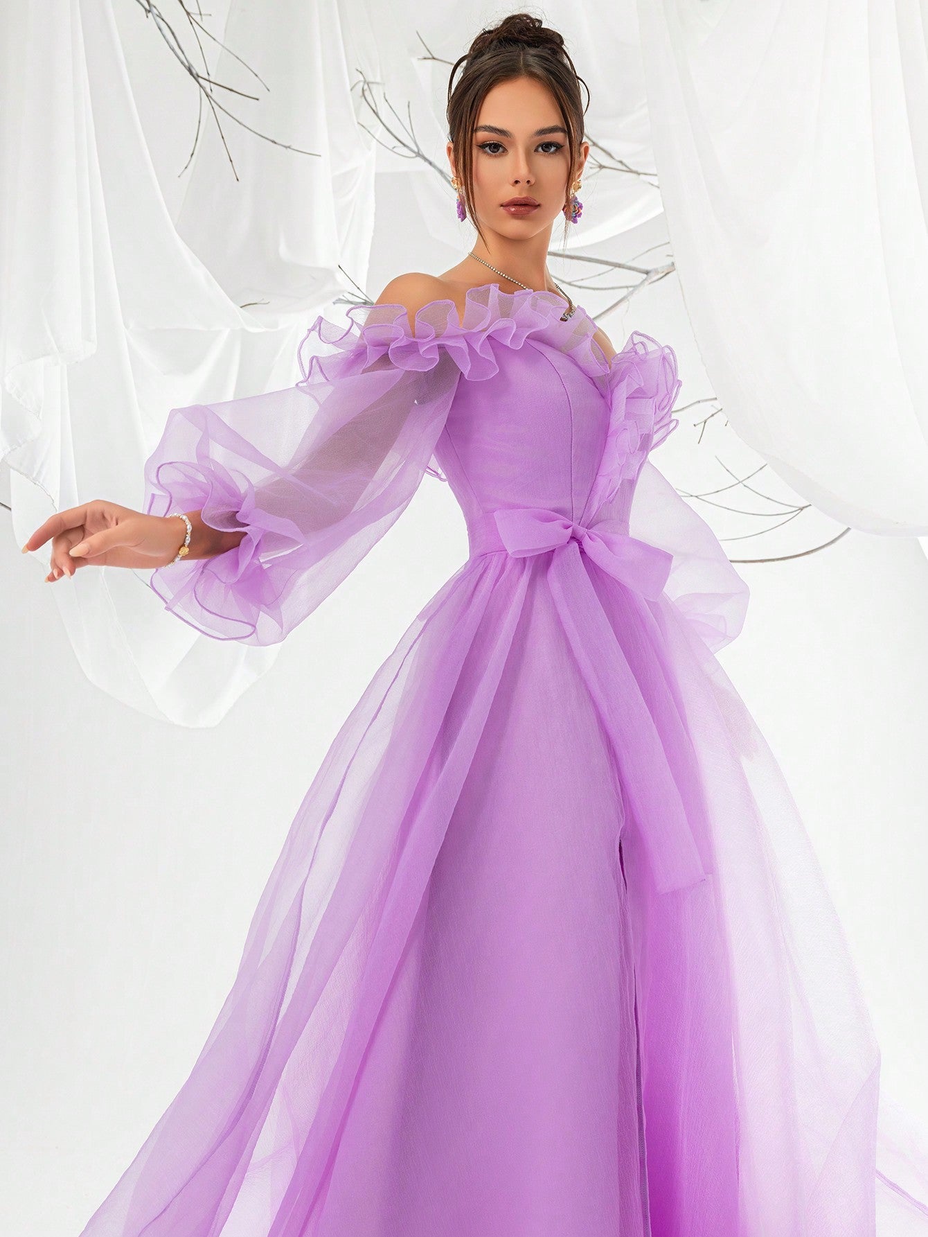 Purple Off-Shoulder Sheer Mesh Lantern Sleeve Women's Evening Party Dress