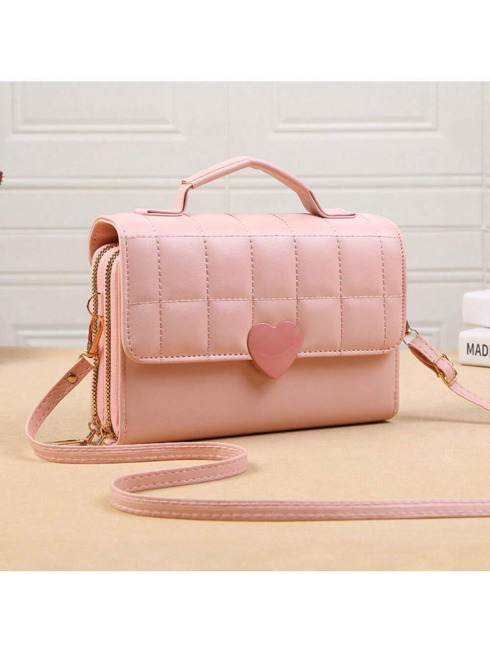 Women's New Pu Leather Shoulder Bag With Multiple Zipper Pockets, Heart-Shaped Buckle, Twist Lock, Crossbody, Fashionable, Multi-Purpose, Handbag & Phone Pocket