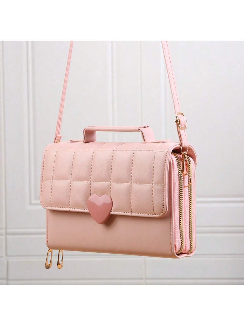 Women's New Pu Leather Shoulder Bag With Multiple Zipper Pockets, Heart-Shaped Buckle, Twist Lock, Crossbody, Fashionable, Multi-Purpose, Handbag & Phone Pocket