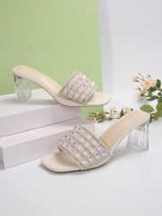 Women's Crystal Heels & Rhinestone Design Elegant High Heeled Sandals For Parties And Shows