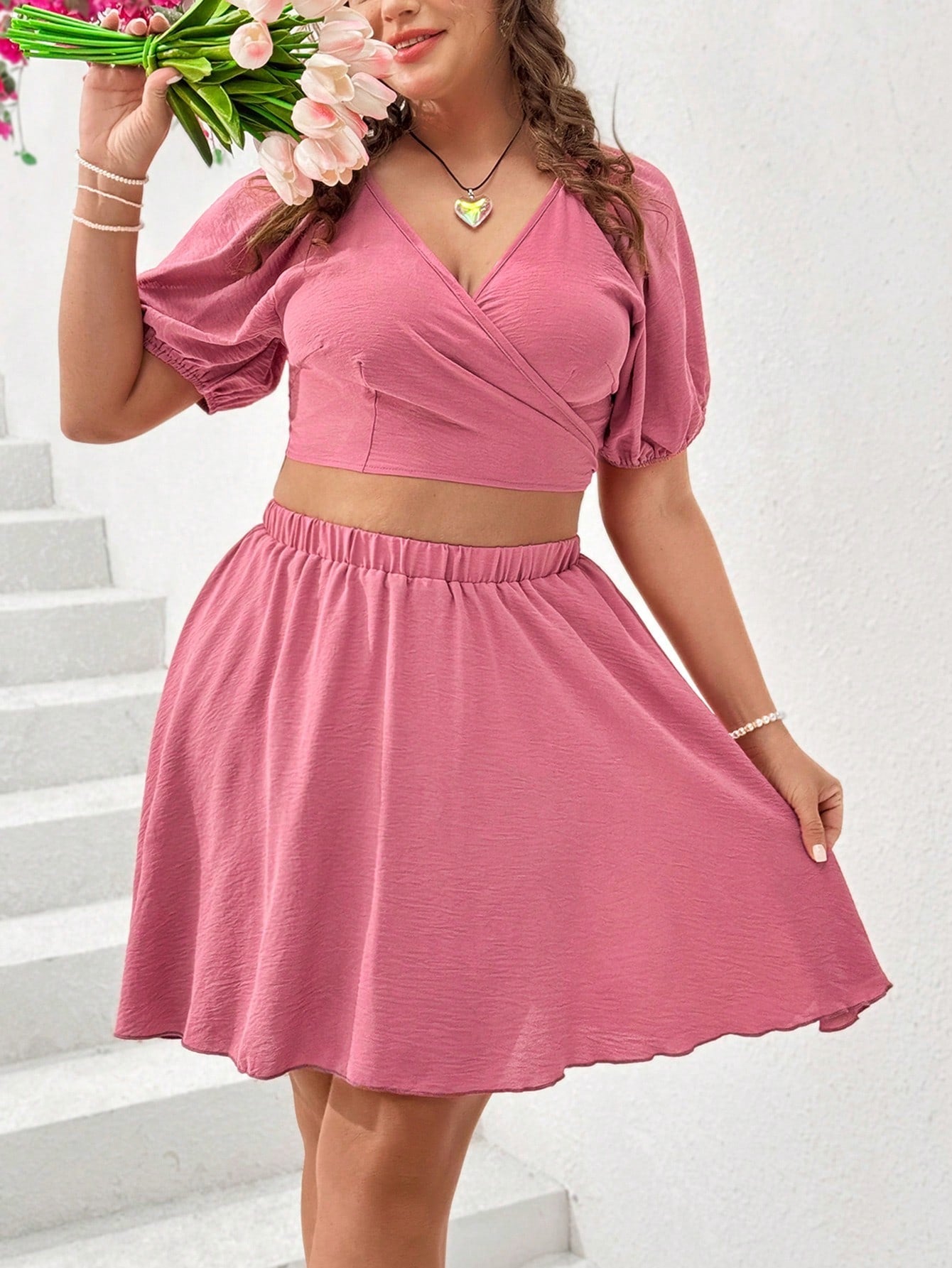 WYWH Plus Size Solid Color Casual Two-Piece Set